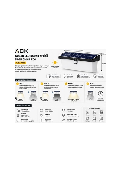 Ack Solar Led Duvar Apligi Dimli Siyah Ip54 211mmx112mmx120mm Ag60-03851