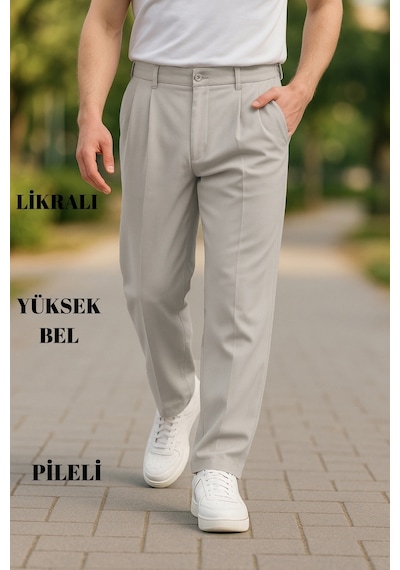 Cedy Denim Yüksek Kalite Erkek Yüksek Bel Pileli Baggy Chino Pantolon C358 Taş Rengi