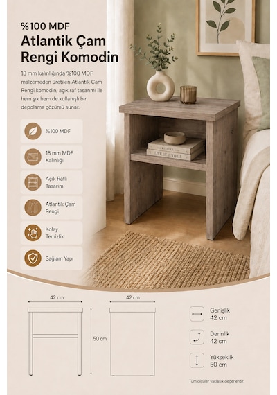 Renazzo %100 Mdf Komodin - Çekmecesiz Atlantik Çam