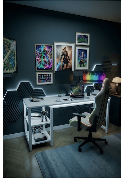 Reflekta Raflı Oyuncu Masası 60x160 Cm. Gaming Masa Demonte Beyaz-beyaz