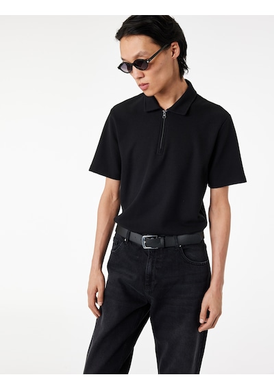 Koton Regular Fit Kısa Kollu Waffle Dokulu Yarım Fermuarlı Polo Yaka Tişört Siyah 6sam10289mk