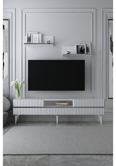 180dhdtrüç5bg Tedy Lazer Pleksi Desenli Raflı Tv Sehpası Ünitesi Beyaz-gümüş