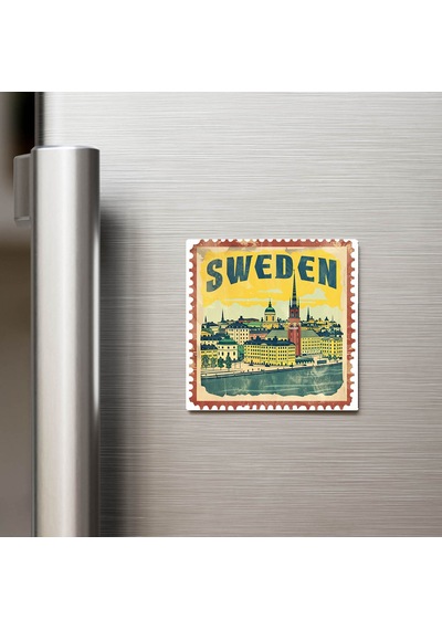 İsveç Sweden - Posta Pulu Temalı Ülke - Baskılı Buzdolap Magneti Kare - 9x9 Cm