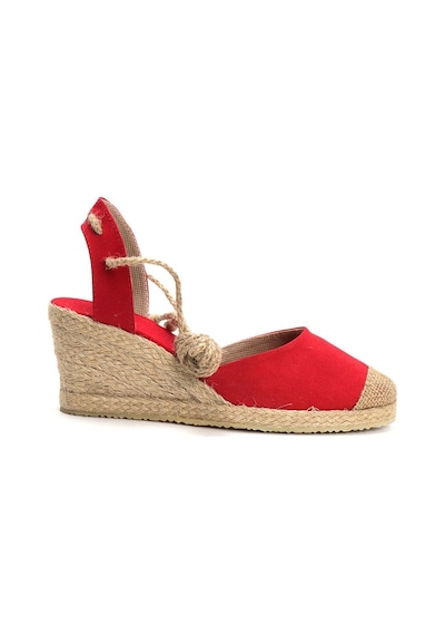 Gerçek Elişi Topuğu Açık Bilekten Bağlamalı Bej Dolgu Topuk Keten Hasır Espadril Handmade Kırmızı