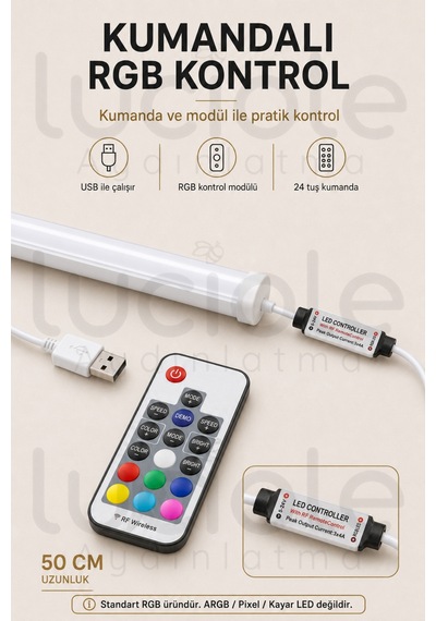 50 Cm Rgb Led Bar Rf Kumandalı Usb Renk Değiştiren Yapışkanlı Gaming Masa Dolap Raf Aydınlatma