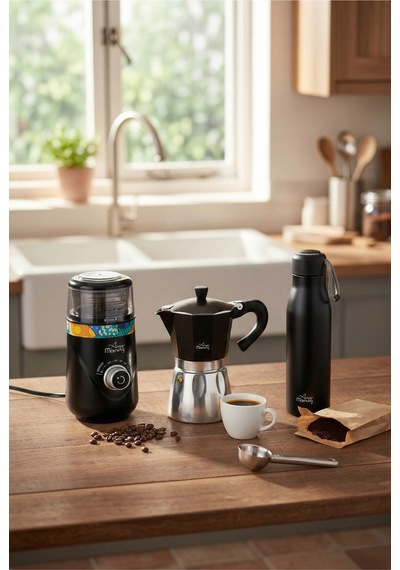 Any Morning Espresso Seti: 240 Ml Moka Pot + 600 Ml Çelik Termos + Elektrikli Ayarlanabilir Öğütücü