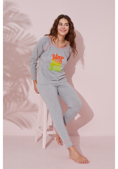 Siyah İnci Baskılı Pamuklu Örme Pijama Takım 24240139 Gri