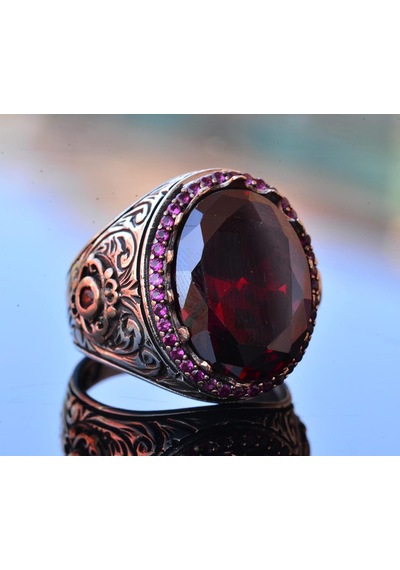 Gerçek Garnet Taşlı Kral Yüzüğü, Sterlin Gümüş Erkek Yüzüğü Gümüş