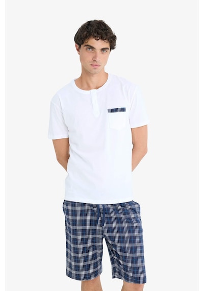 Defacto Regular Fit Pijama Takımı Kısa Kollu Üst Kareli Şort E7158ax25hswt34 Beyaz