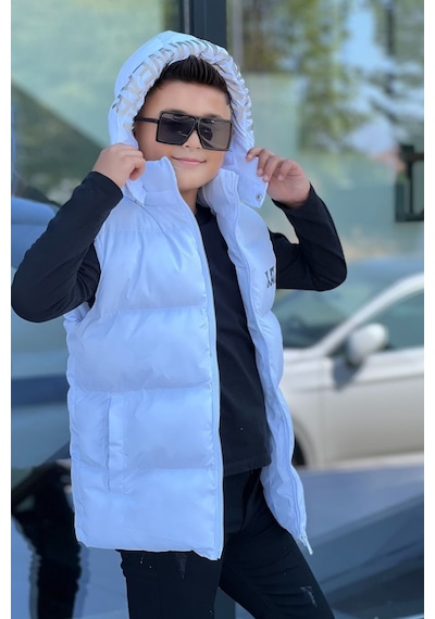 Pina Kids Erkek Çocuk Baskılı Çıkarılabilir Kapüşonlu Şişme Yelek 3017 Beyaz