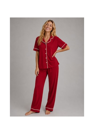 Rindahomewear Kadın Pamuklu Örme Kumaş Kırmızı Kısa Kol Düğmeli Arabiyeli Pijama Takım Kırmızı