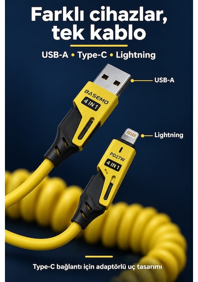 Spiral Esnek Usb Type-c Ve Lightning Şarj Kablosu 1.5 Metre