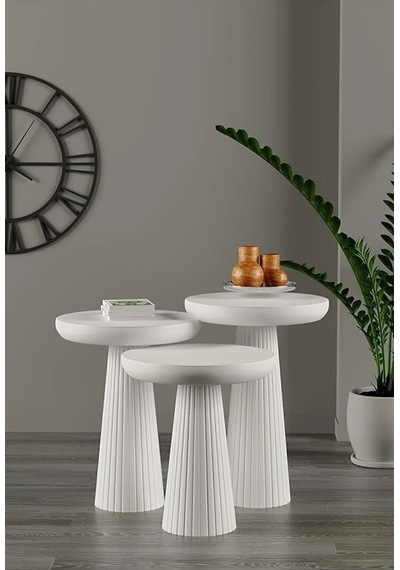 Simillo Wood Ahşap Beyaz 3 Lü Set Mantar Yan Sehpa Fiskos / Wooden Coffee Table / Zigon Sehpa Beyaz