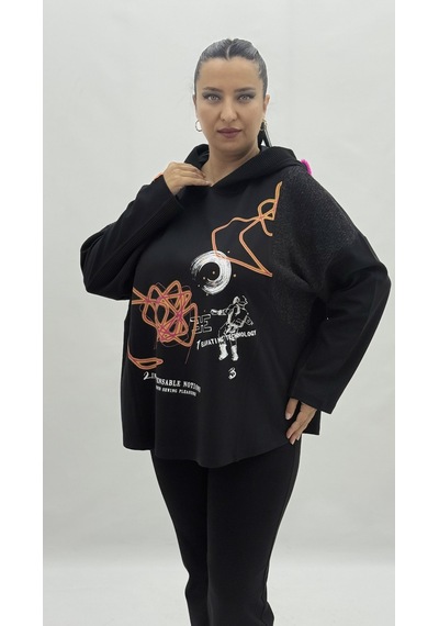Büyük Beden Kapüşonlu Taşlı Uzun Kol Oversize Kadın Sweatshirt Siyah