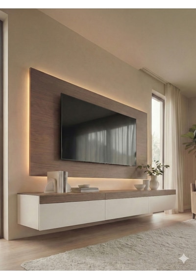 Purelıne Ledli Duvar Tv Ünitesi 180 Cm Ceviz Beyaz Ceviz-beyaz 180 Cm