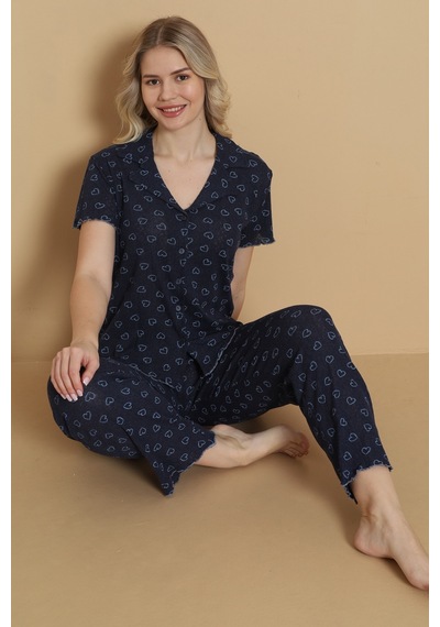Wordex Mirano 1711 Kalp Desenli Pointel İnce Kumaş Düğmeli Kısa Kollu Kadın Pijama Takımı Lacivert Wordex Mirano 1711 Kalp Desenli Pointel İnce Kumaş Düğmeli Kısa Kollu Kadın Pijama Takımı Lacivert