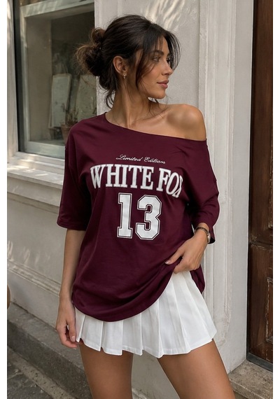 Bordo Kayık Yaka Oversize Baskılı Tişört Mg2824