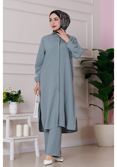 Sevitli Yırtmaç Detaylı Tunik Pantolon Takım-gri-4866