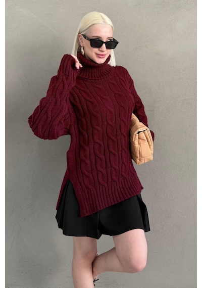 Madmext Bordo Boğazlı Triko Kazak Mg2376 Bordo