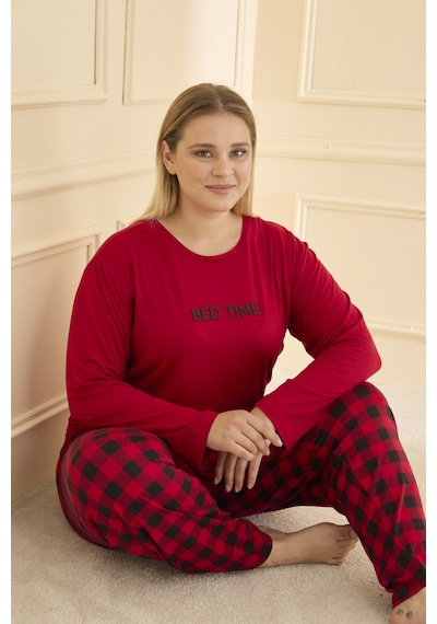 Mihra Kadın Pijama Takımı Büyük Beden & Battal Uzun Kol Kırmızı