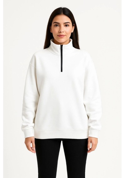 Üç İplik Dık Yaka Yarım Fermuarlı Sweatshirt - Beyaz