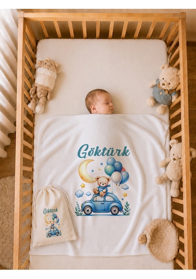 İsim Baskılı Erkek Bebek Hediye Seti Çift Kat Penye Battaniye Yastık Kılıfı Ham Bez Kıyafet Kesesi %100 Pamuk 1056ybkyx Krem