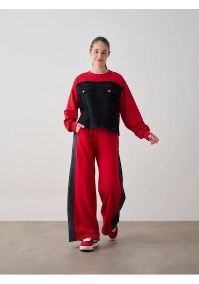 Kız Çocuk Mevsimlik Altı Denim Cepli 3 İplik Sweatshirt-14777 Kırmızı