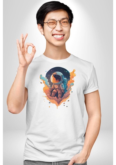 Bulutlar Astronot Uzay Unisex Unisex Beyaz Organik Baskılı T-shirt Penye Yüksek Kalite Beyaz