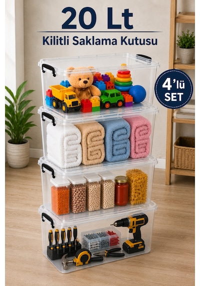 4'lü Set 20 Lt Kilitli Saklama Kutusu Çok Amaçlı Düzenleyici Kiler Erzak Hırdavat Oyuncak Organizer