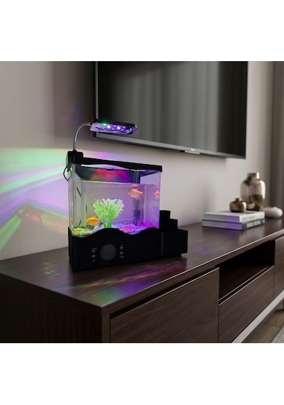 Led Işıklı Masaüstü Akvaryum Dijital Saatli Kalemlik Masa Organizeri