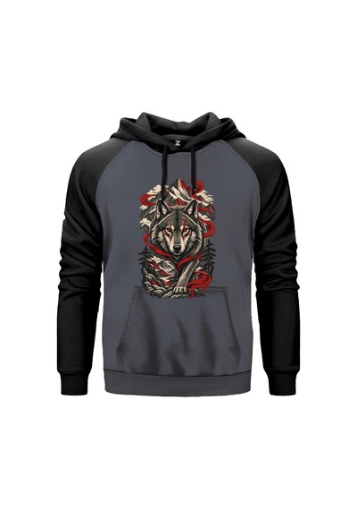 Dağların Hakimi Bozkurt Gri Renk Reglan Kol Sweatshirt Kapşonlu