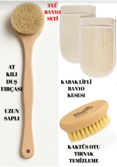 Üçlü Banyo Seti At Kılı Banyo Sırt Fırçası+ Kaktüs Otu Tırnak Temizleme+ Eldiven Kabak Lifli Banyo Lifi Suya Dayanıklı Kayın Ağacı
