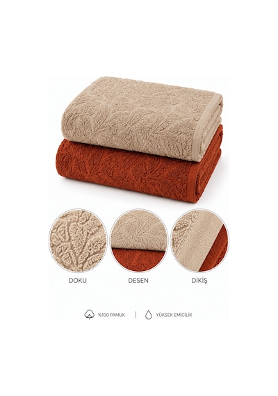 2'li Jakarlı Büyük Boy Banyo Havlusu 90x150 Cm %100 Pamuk Lorea 650 Gr Kiremit-bej