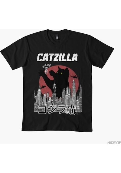 Flood Of Style Catzilla Meme T-shirt Erkek Kadın % 100% Pamuklu Tişörtler Kısa Kollu Üstler 1212-3 Siyah