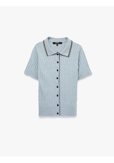 Koton Viskon Karışımlı Düğmeli Polo Yaka Kısa Kollu Triko Hırka Mavi 7wak90560ht