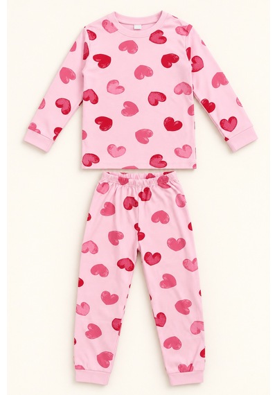 Beniizle Kız Çocuk Kalp Desenli Pijama Takımı Pembe