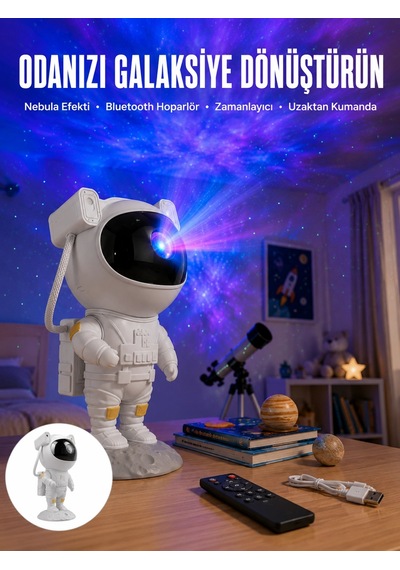 Mey İthalat Astronot Bluetooth Hoparlör Gökyüzü Projektör Gece Lambası Renkli