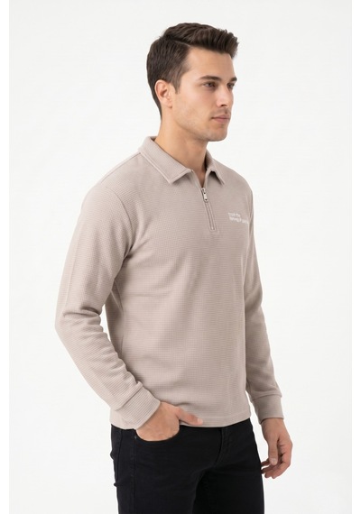 Opınıon Erkek Spor Polo Yaka Petek Dokulu Sweatshırt Bgl-st05442 Taş