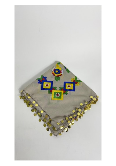 Çengelköy Desenli Pullu Yazma 100x100 Cm Etnik Çiçekli Başörtüsü Çeyizlik Ve Günlük Açık Bej