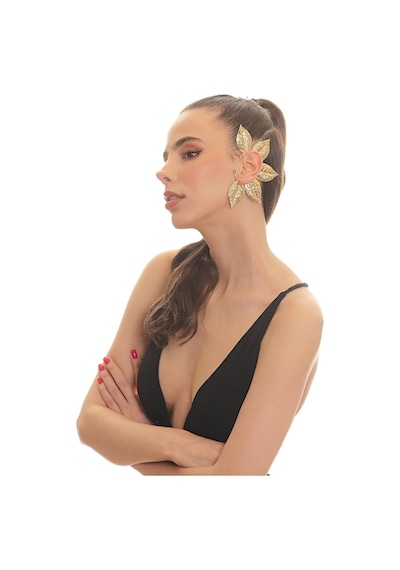 Kadın Altın Renk Lak Kaplama Zirkon Taşlı Dokulu Yaprak Stilizesi Sol Kulak Earcuff&kıkırdak Küpe Çok Renkli