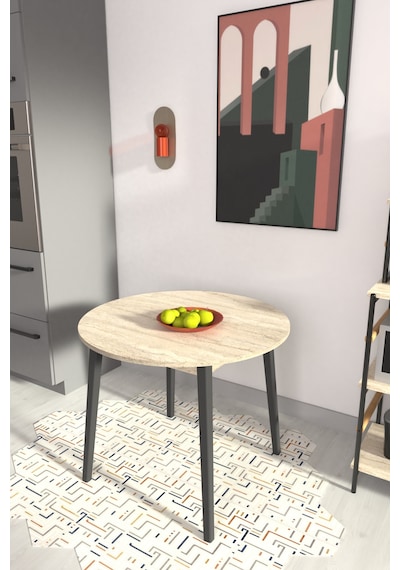 Vilinze Avanos Ahşap Siyah Ayak Yuvarlak Sabit Mdf Traverten Mutfak Masası - Q90 Cm