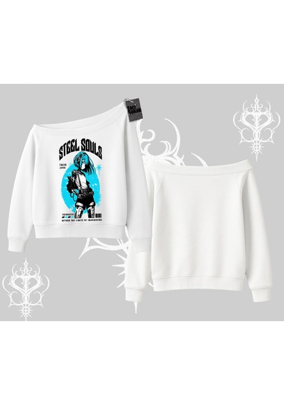 Startmore Kayık Yaka Sweatshirt Anime Cyberpunk Kız Baskılı Beyaz