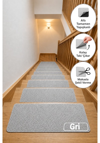 Altı Tam Yapışkanlı Kaydırmaz Basamak Halısı Pratik Kaymaz Dublex Ev Ahşap Merdiven Halısı Bej 20x75cm