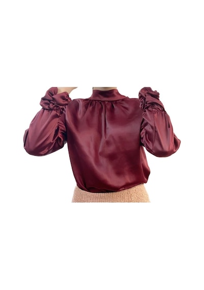 Mois Atelier Bordo Saten Büzgülü Bluz Gömlek Tasarım Büyük Beden Tesettür Bordo