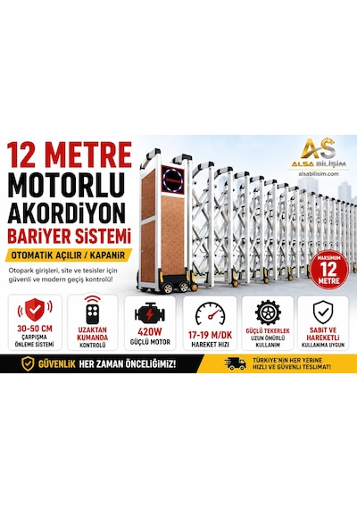 12 Metre Motorlu Akordiyon Bariyer Sistemi Otomatik, Uzaktan Kumandalı, Çarpışma Önleyici