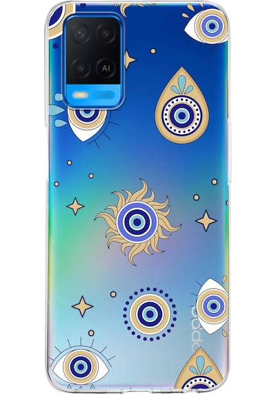 Oppo A54 İle Uyumlu 1mm Slim Fit Nazar Boncuğu 5 Baskılı Şeffaf Kılıf