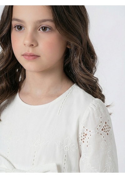 Pina Kids Kız Çocuk Uzun Kollu Önü Kurdelalı Fisto Elbise Beyaz
