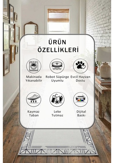 Kayra Ortası Boş Yıkanabilir Yolluk Açık Gri