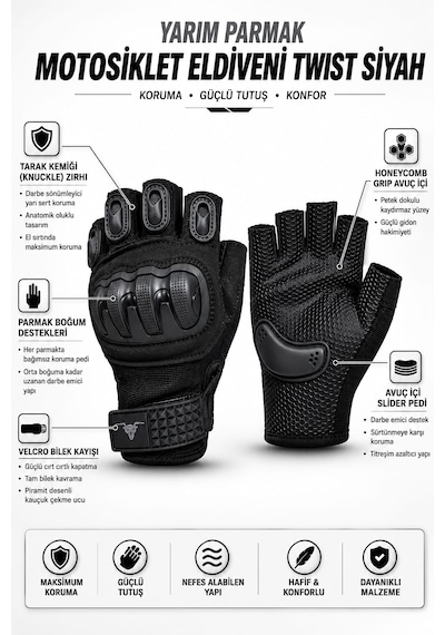 Motokit Twist Siyah / Yarım Parmak - Kaymaz Avuç İçi Özellikli Erkek Motosiklet Eldiveni