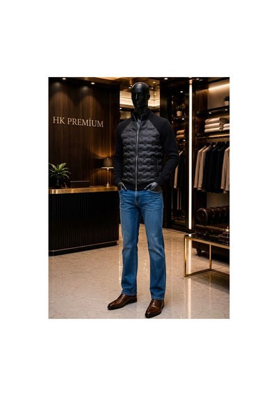 Hk Premium Erkek Mont Daire Baskı Örme Triko %100 Polyester Dik Yaka Ceket Siyah